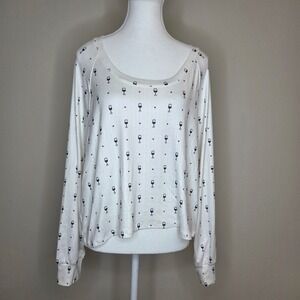 Z Supply Lounge Wine Glass Heart Pointelle Knit Long Sleeve Top White Medium NWT